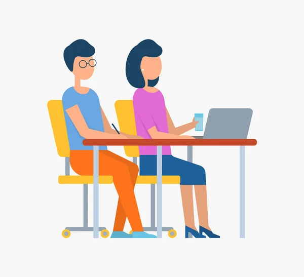 Man and Woman Working on Laptop Meeting Vector — 图库矢量图片