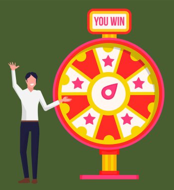 Man Standing near Fortune Wheel, Winner of Game