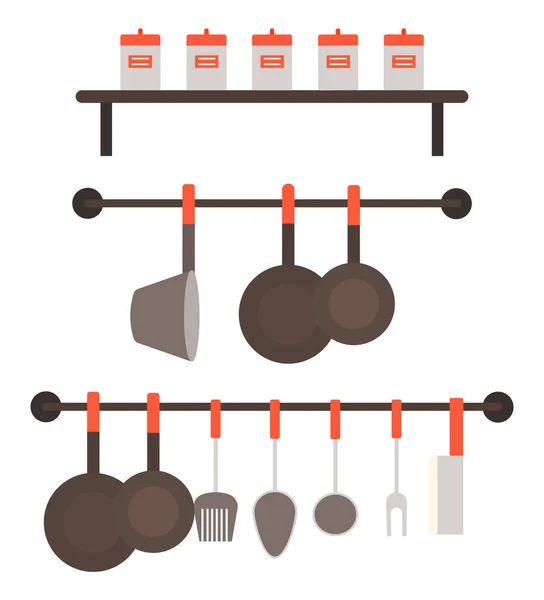 Stewpans, Skillets and Cutlery in Kitchen, Utensil — Stock Vector