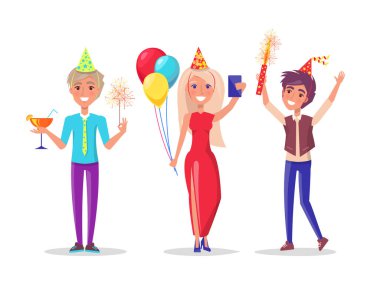 Cartoon Characters Man, Woman Celebrate Birthday