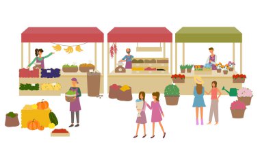 People Buying Flowers, Products and Spice Vector