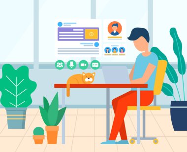 Business Workplace with Computer and Cat Vector