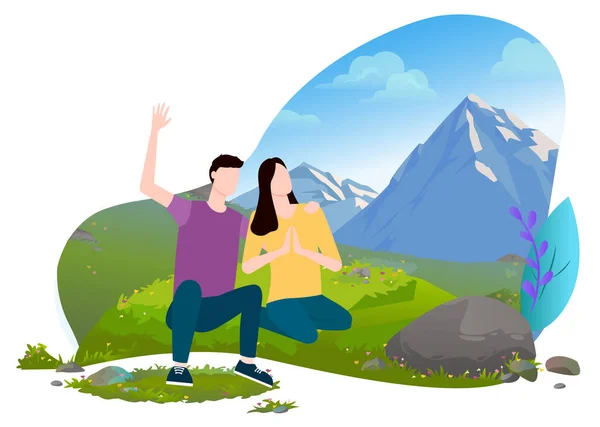 Man and Woman Sitting on Hill Mountains Vector — Διανυσματικό Αρχείο