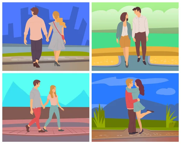Gente romántica, Pareja caminando en parejas Fecha — Archivo Imágenes Vectoriales