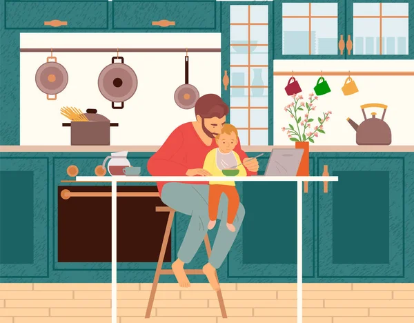 Padre alimentando a su hijo mientras trabaja en la cocina — Archivo Imágenes Vectoriales