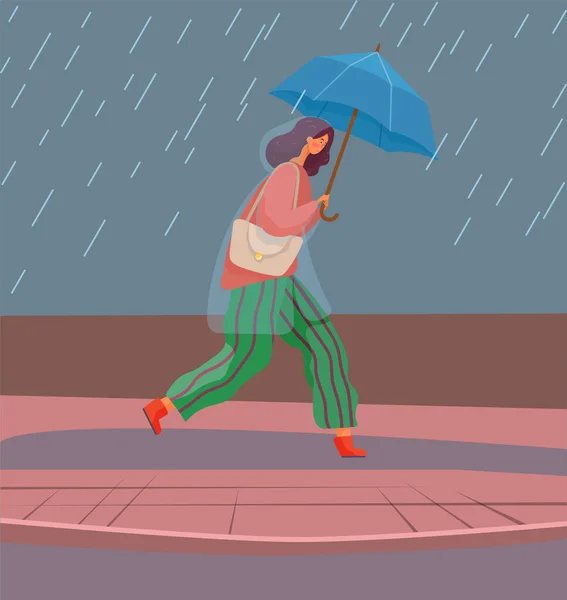 Ragazza sotto la pioggia con ombrello, autunno piovoso tempo — Vettoriale Stock