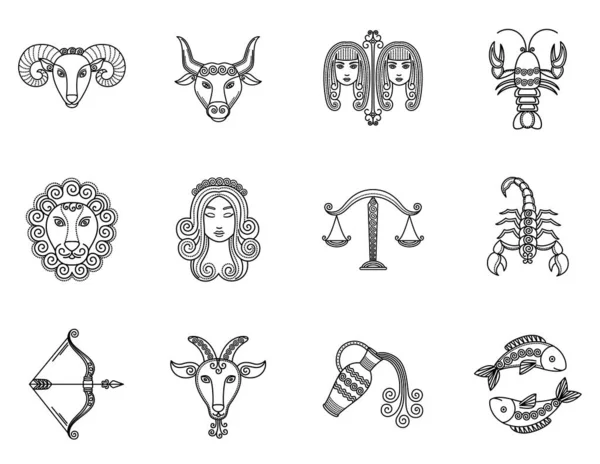 Twelve Astrological Signs, Symbols of Zodiacs — 图库矢量图片