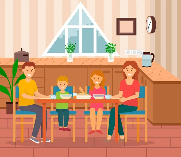 Family Eating Home, Mom and Dad with Kids Vector — Stockvector