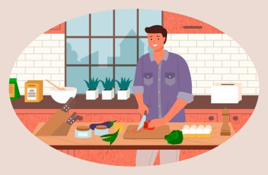 Man Cutting Veggies in Kitchen, Bachelor at Home