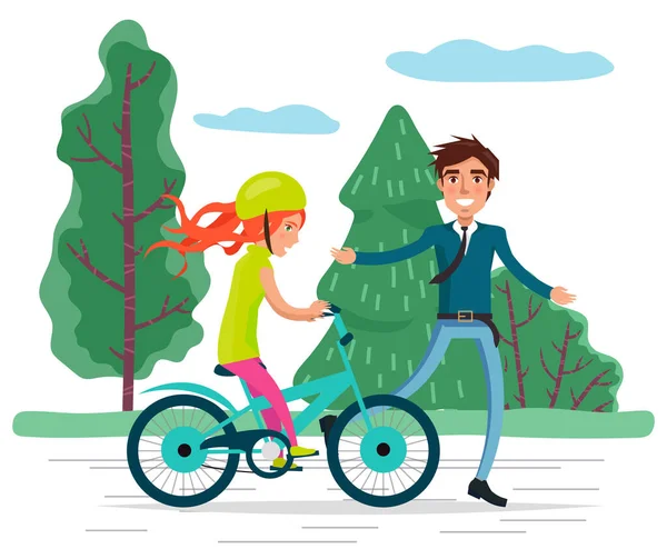 Family Activity Dad Teaching Girl Cycling Vector — Stock Vector