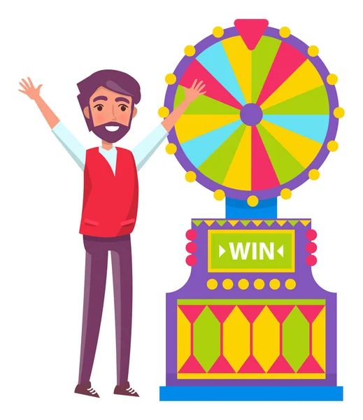 Man Spinning Fortune Wheel, Lucky Gambler Gambling — Διανυσματικό Αρχείο