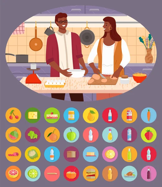 Hombre y mujer cocinando juntos, iconos de los productos — Archivo Imágenes Vectoriales
