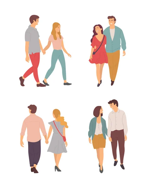 Conjunto de Parejas Jóvenes Caminando Juntos Aislados — Vector de stock