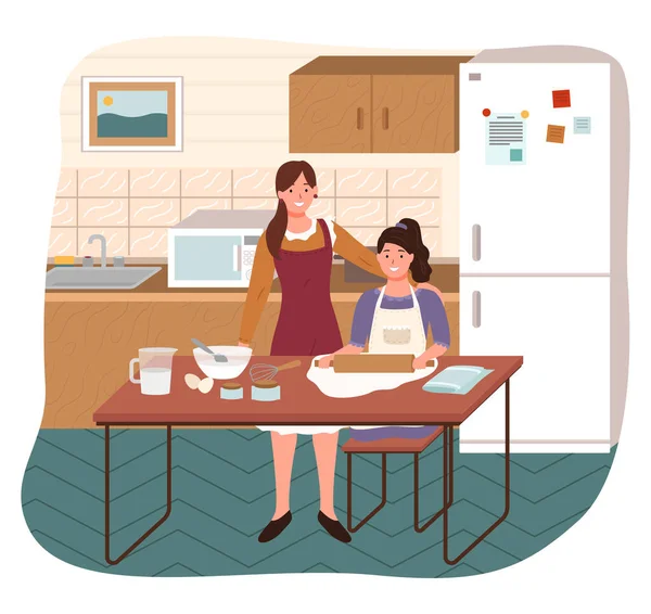 Mom and Daughter Rolling Dough in Kitchen Vector — Stock Vector