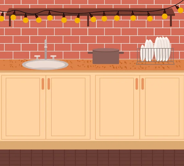 Kitchen Room Interior with Sink and Dishes Vector — Stockový vektor