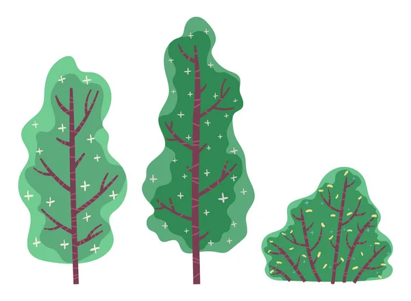 Bäume und Sträucher mit grünem Laub und Blumen — Stockvektor