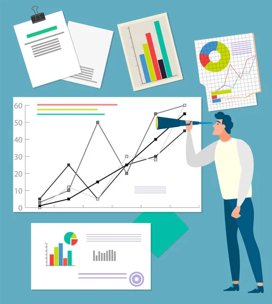 Homme regardant les diagrammes et les graphiques Analyse des données — Image vectorielle