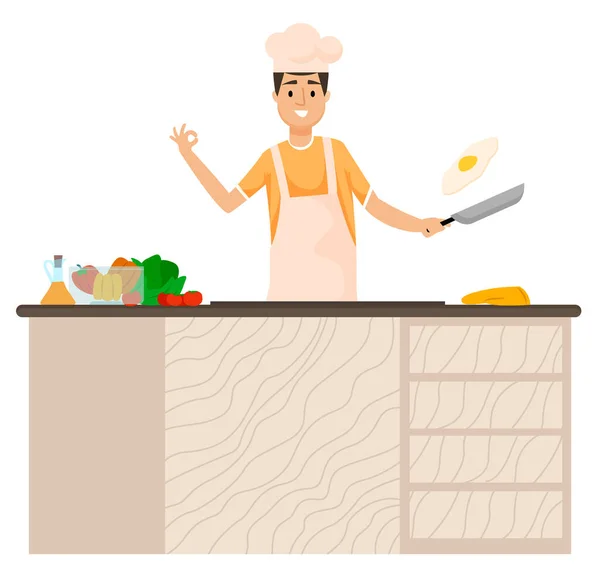 Man Cut Ingredients, Cooking on Table in Kitchen — Stock Vector