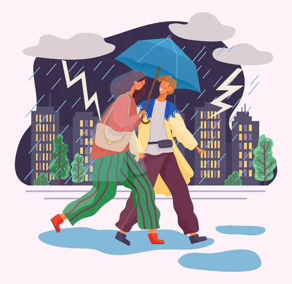 Pareja bajo paraguas, la gente camina en la tormenta — Vector de stock