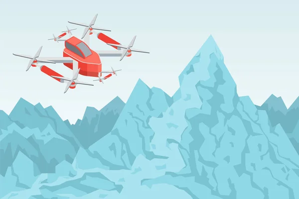 Vector de helicóptero de dron volando sobre la cordillera — Vector de stock