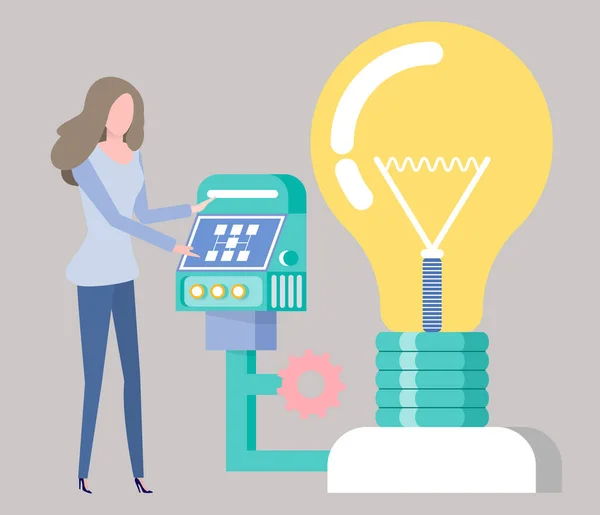 Woman Working on New Project, Electric Bulb Vector — Stock Vector
