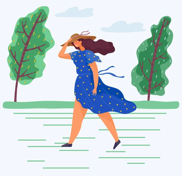 Mujer joven caminando con viento por el parque — Archivo Imágenes Vectoriales