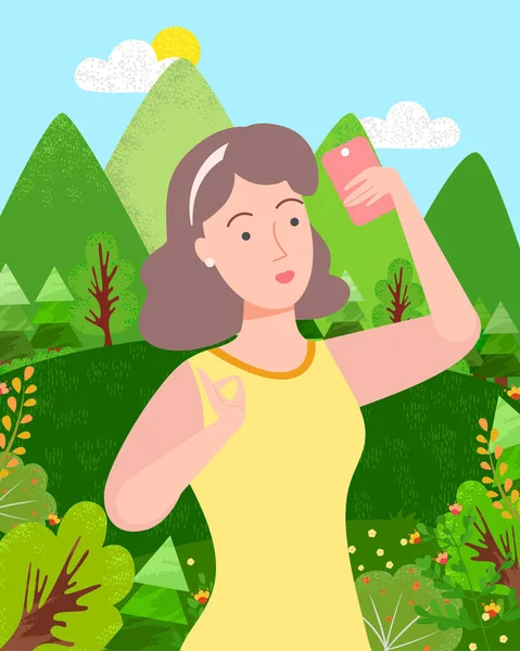 Γυναίκα λαμβάνοντας Selfie στο δάσος με Mountain Travel — Διανυσματικό Αρχείο