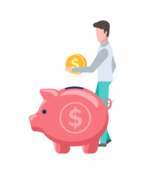 Hombre sosteniendo moneda de oro, dinero en dólares y vectores de cerdo — Vector de stock