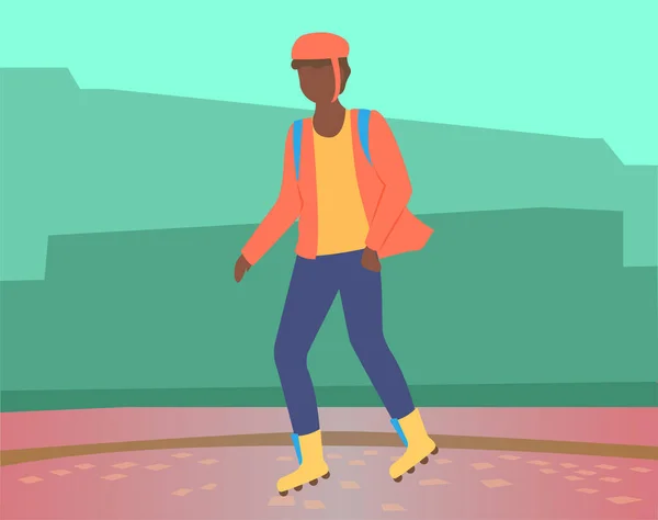 Adolescent en patins à roulettes et casque — Image vectorielle