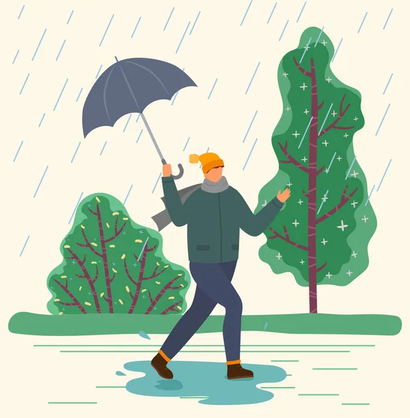 Guy with Umbrella Walking under Autumn Rainfall — Stock Vector