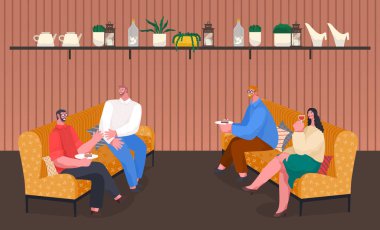 Man and Woman Speaking and Eating Indoor Vector