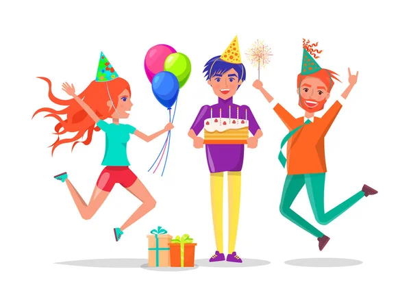 Fiesta de cumpleaños, chico con pastel y amigos en sombreros — Vector de stock