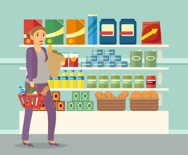 Mujer embarazada comprando comida en la tienda de comestibles — Vector de stock