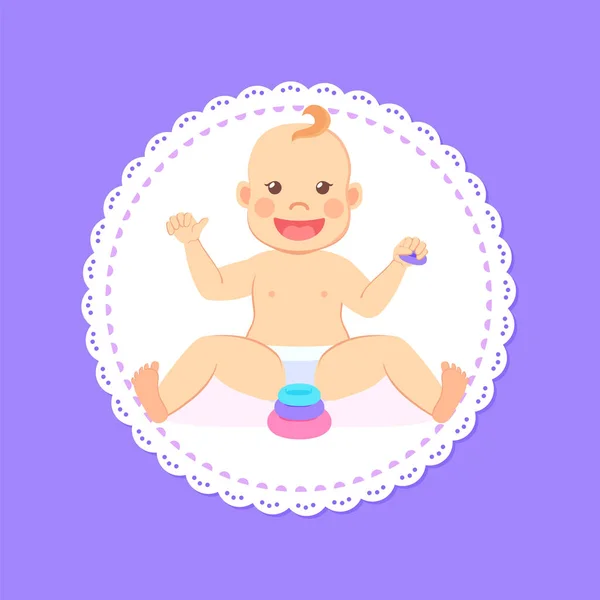 Cartão de saudação do chuveiro do bebê, criança de oito meses senta-se —  Vetores de Stock