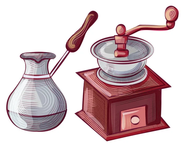 Turkish Cezve Pot for Making Coffee Grinder Set — Stock Vector