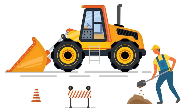Backhoe and Digger, Cone and Barrier, Road Vector — стоковий вектор