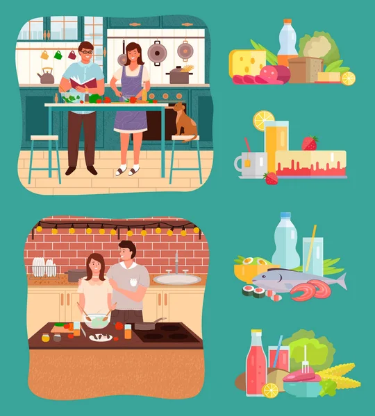 Cocina de hombres y mujeres, iconos de productos y alimentos — Archivo Imágenes Vectoriales