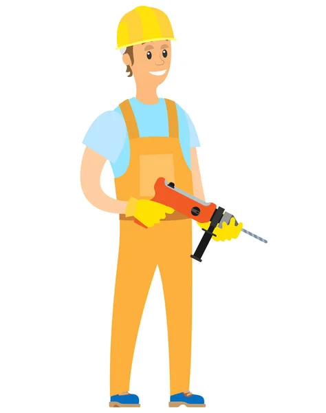 Smiling Builder Holding Drill, Reparador Vector —  Vetores de Stock