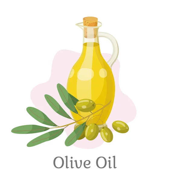 Huile d'olive dorée dans le navire, branche avec drupes — Image vectorielle