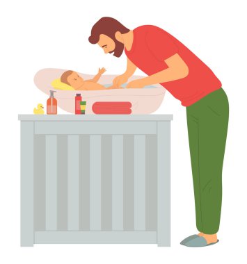 Dad Bathing Newborn in Bathtub, Caring Vector