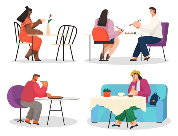 People Eat in Restaurant, Person Has Lunch in Cafe — Stockvector