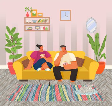 Life of Young Couple with Popcorn at Home Vector