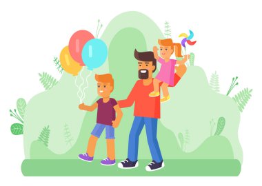 Father with Two Children Walking Outdoors Vector