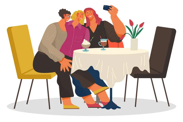 Amis au Café Prendre Selfie, Week-ends se détendre — Image vectorielle