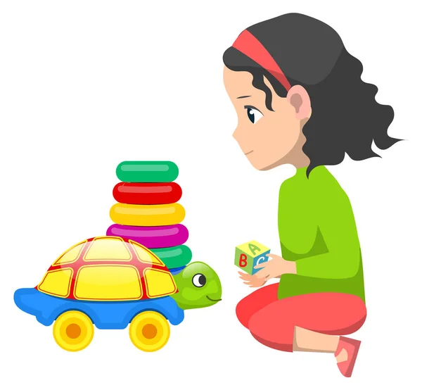 Girl Playing with Toys, Pyramid and Turtle Car — Stockvektor