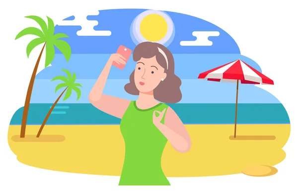 Mujer de vacaciones tomando selfie en Smartphone — Vector de stock