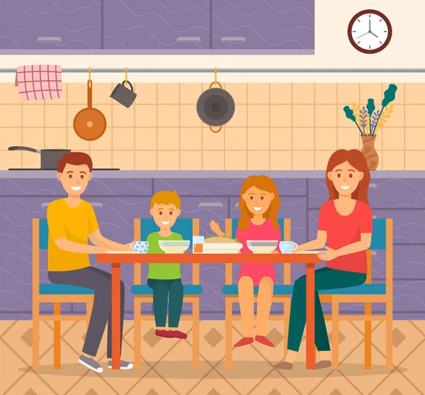 Dîner en famille ensemble à la maison, Aliments sains — Image vectorielle