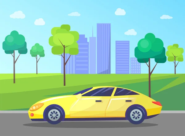 Paesaggio urbano con auto su strada, Skyline del centro città — Vettoriale Stock