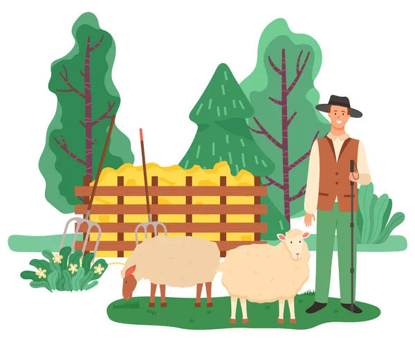 Άνδρας με πρόβατα στο αγρόκτημα, γεωργικός άρρεν με ζώο — Διανυσματικό Αρχείο