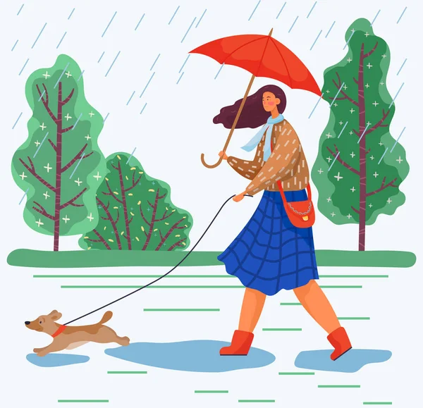 Woman Walk with Dog in Park, Rainy Autumn Weather